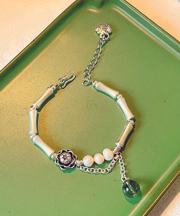 Silk Sterling Silver Pearl Crystal Bamboo Charm Bracelet