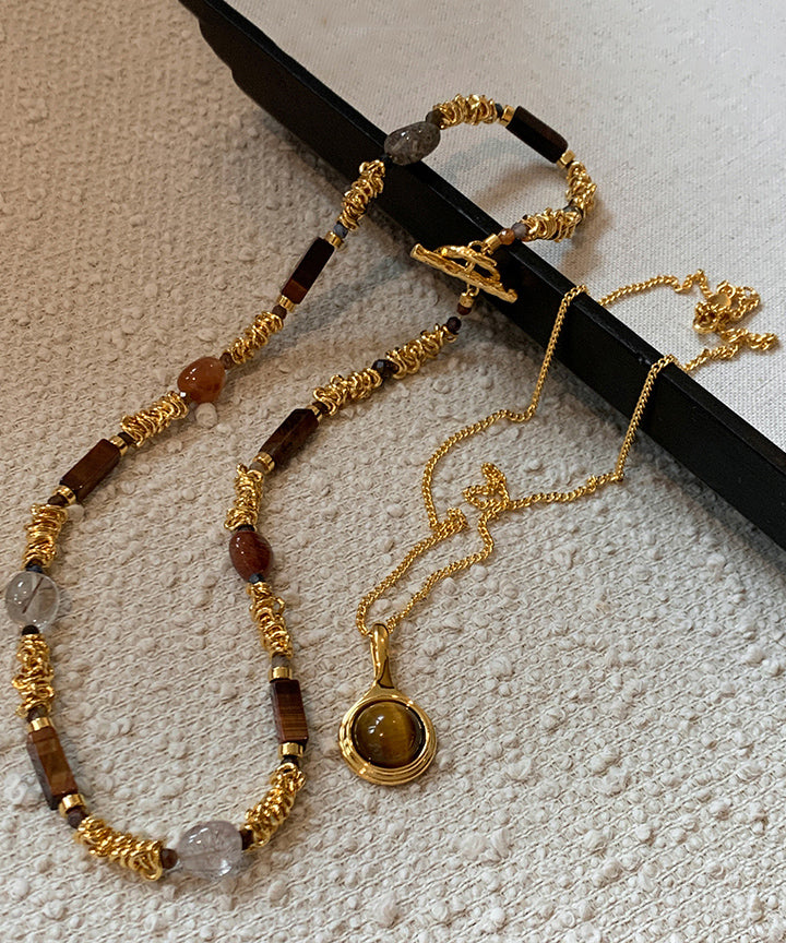 Gold Copper Overgild Tiger's-eye Beads Two-piece Set Pendant Necklace