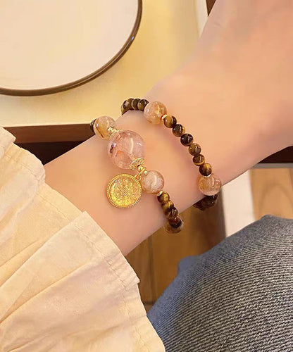 Art Brown Copper Overgild Crystal Tiger's Eye Beading Charm Bracelet