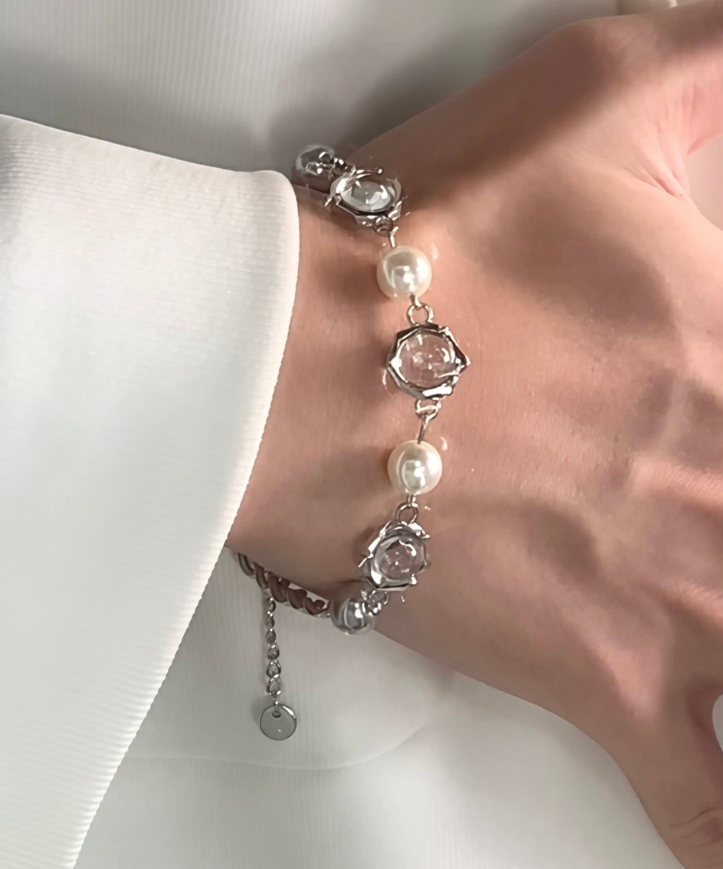 Stylish Adjustable Fine Pearl Wite Opal Tungsten Steel Bracelet