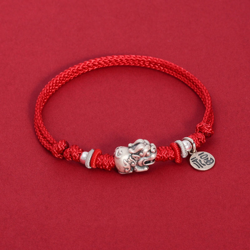 Buddha Stones 925 Sterling Silver Pixiu Fu Character Wealth Luck Handmade Braided Bracelet