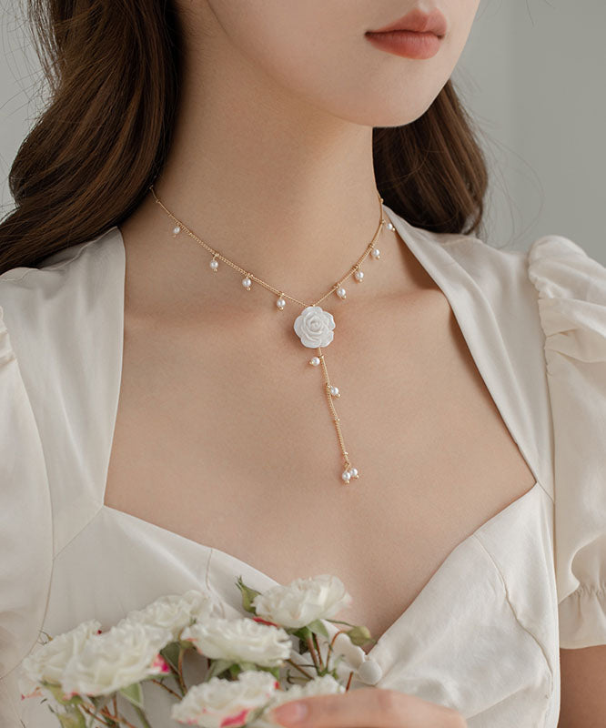 Gold Alloy Pearl Tassel Lariat Necklace
