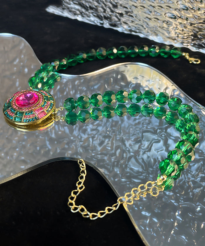 New Green Alloy Inlaid Crystal Beading Pendant Necklace