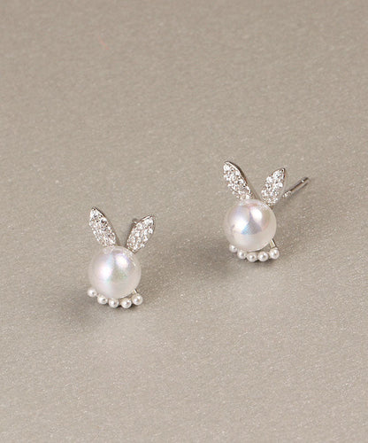 Simple White Rabbit Zircon and Pearl Stud Earrings