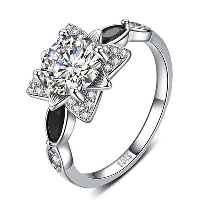 Black Spinel Flower Silver Ring