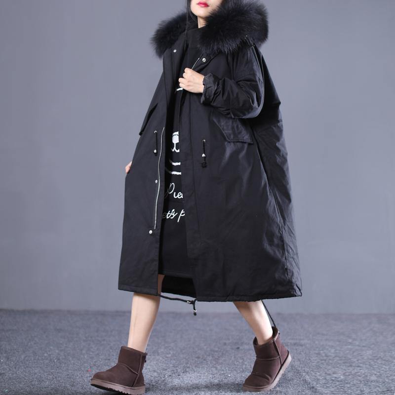 New Black Winter Oversize Hooded Fur Collar Down Jacket Fine Drawstring Pockets Puffers Jackets