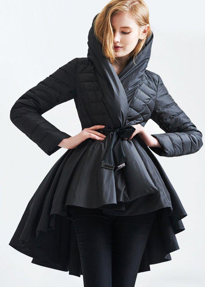 Snow Jackets Hooded Overcoat Black Drawstring Duck Down Coat