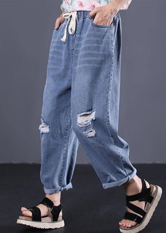 New Denim Blue Pants Elastic Waist Drawstring Ripped Jeans