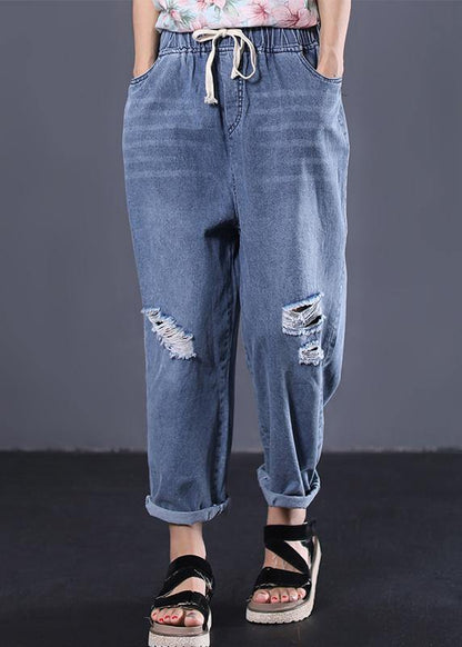 New Denim Blue Pants Elastic Waist Drawstring Ripped Jeans