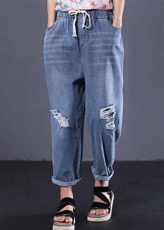 New Denim Blue Pants Elastic Waist Drawstring Ripped Jeans