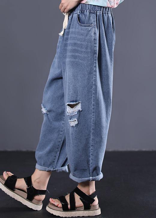 New Denim Blue Pants Elastic Waist Drawstring Ripped Jeans