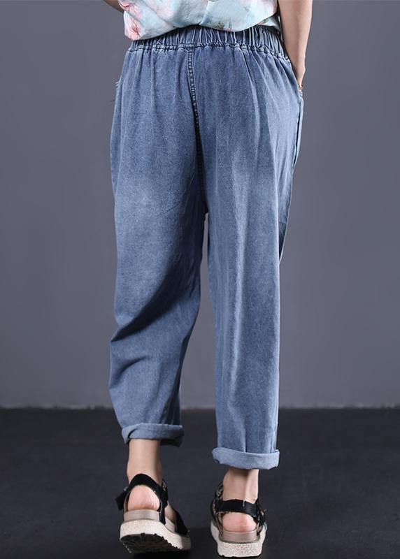 New Denim Blue Pants Elastic Waist Drawstring Ripped Jeans