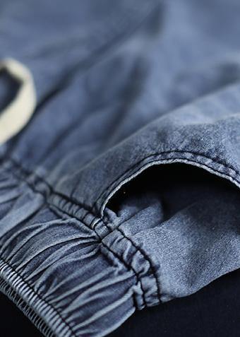 New Denim Blue Pants Elastic Waist Drawstring Ripped Jeans