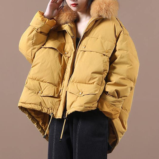 Down Jacket Coats Yellow Faux Fur Collar Drawstring Duck Down Coat