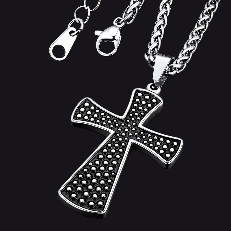 Thick Christ Simple Cross Necklace With Black Enamel Dotted
