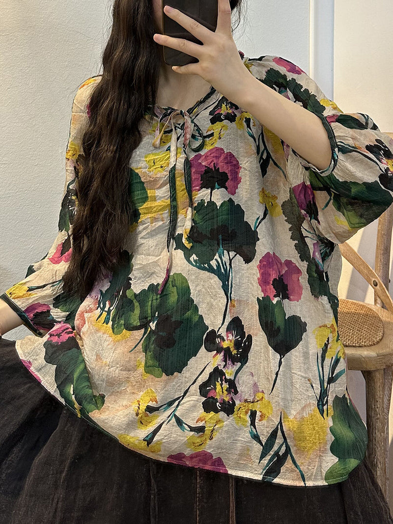 Summer Flower Drawstring Thin Shirt