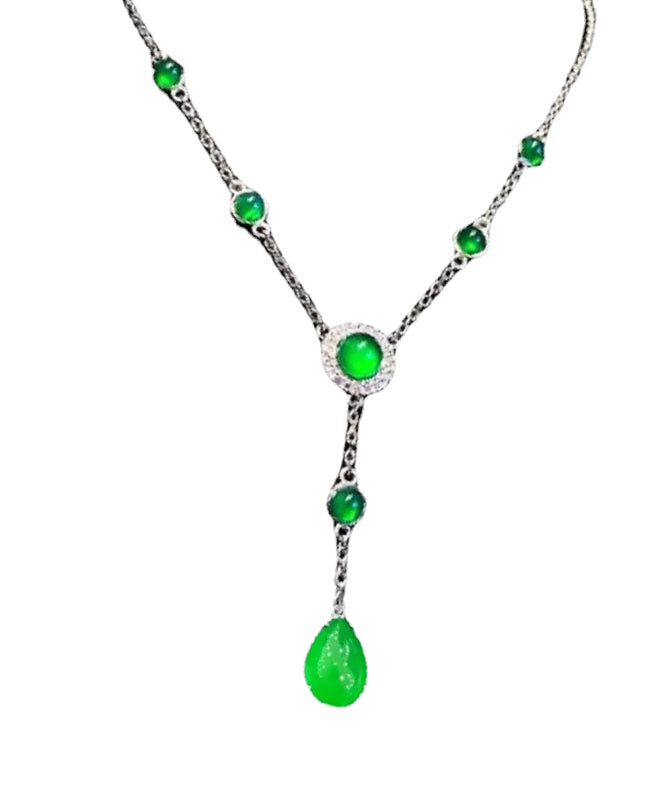 New Green Sterling Silver Overgild Zircon Jade Tassel Pendant Necklace Ac1033