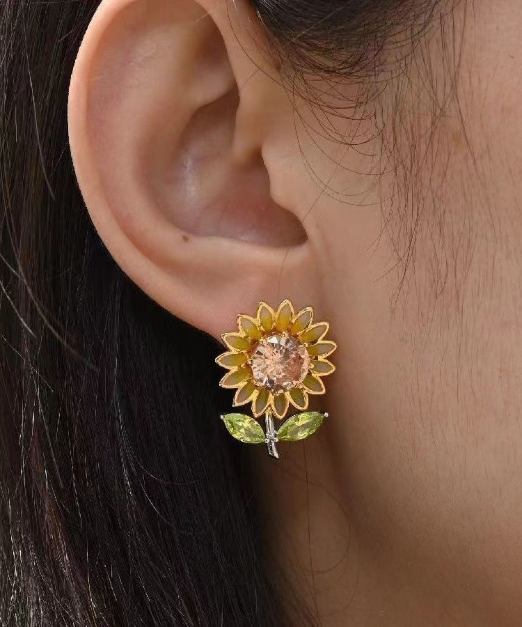 New Yellow Sterling Silver Overgild Zircon Enamel Sunflower Stud Earrings Df1006