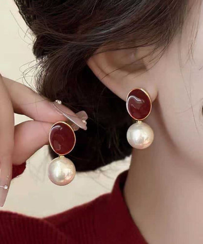 New Red Copper Overgild Pearl Drop Earrings