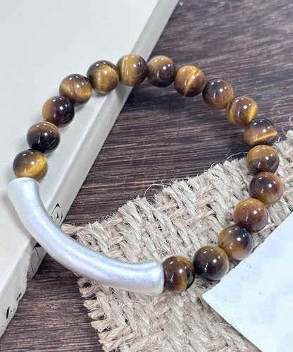 Brown 999 Pure Silver Bend Pipe Patchwork Tiger's Eye Bracelet