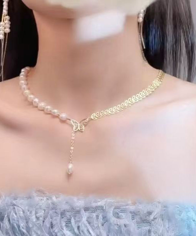 Gold Alloy Zircon Pearl Butterfly Ear of Wheat Pendant Necklace