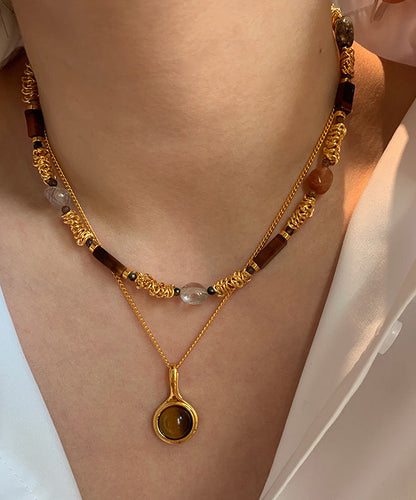 Gold Copper Overgild Tiger's-eye Beads Two-piece Set Pendant Necklace