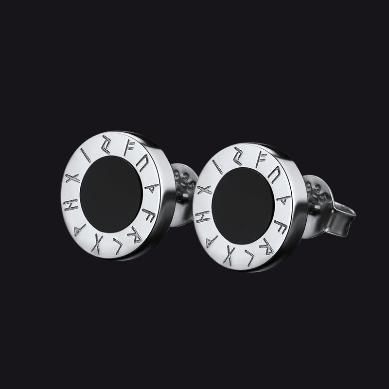 Black Onyx Stud Earrings With Viking Runes in Sterling Silver
