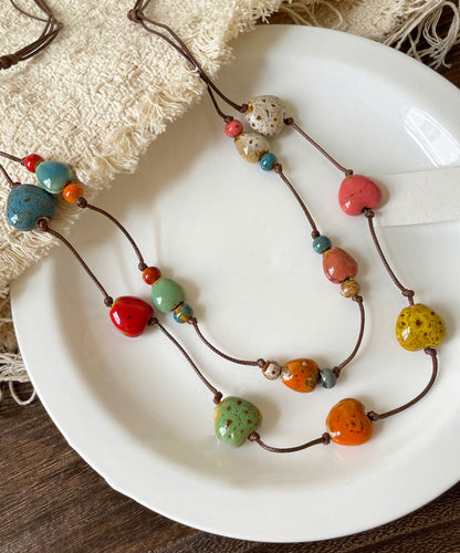 Rainbow Wax Rope Ceramic Double-layer Pendant Necklace
