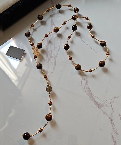 Art Tiger's Eye Stone Leaf Zircon Copper Long Necklace