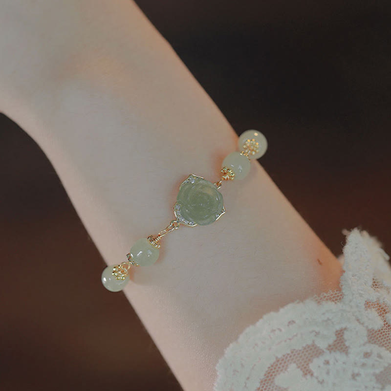 Buddha Stones 14k Gold Plated Hetian Jade Rose Flower Luck Chain Bracelet