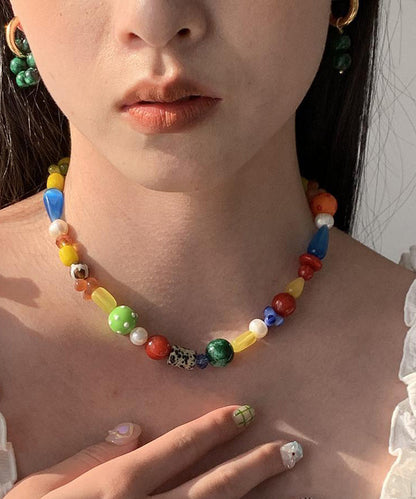 Rainbow Sterling Silver Overgild Asymmetric Gem Stone Gratuated Bead Necklace