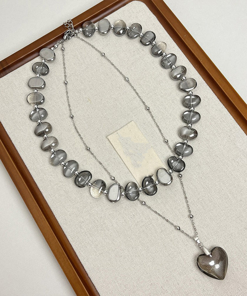 Modern Grey Metal Alloy Acrylic Asymmetrical Crystal Double Layer Love Pendant Necklace