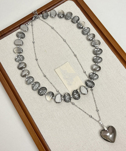 Modern Grey Metal Alloy Acrylic Asymmetrical Crystal Double Layer Love Pendant Necklace