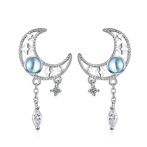 Celestial Blue Crescent Tassel Earrings