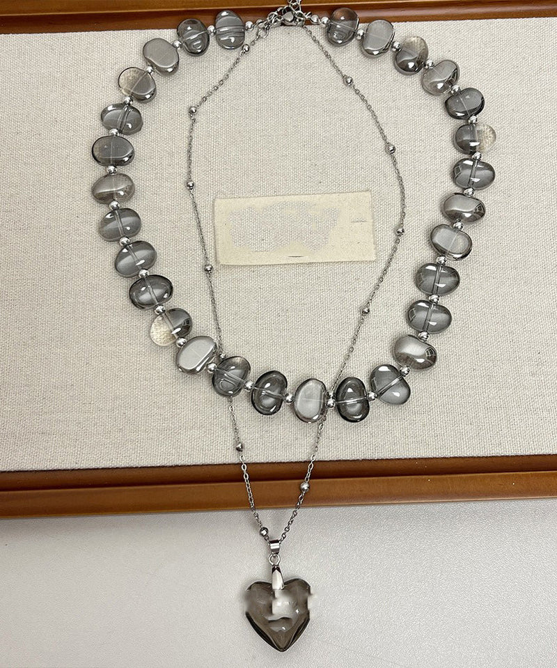 Modern Grey Metal Alloy Acrylic Asymmetrical Crystal Double Layer Love Pendant Necklace