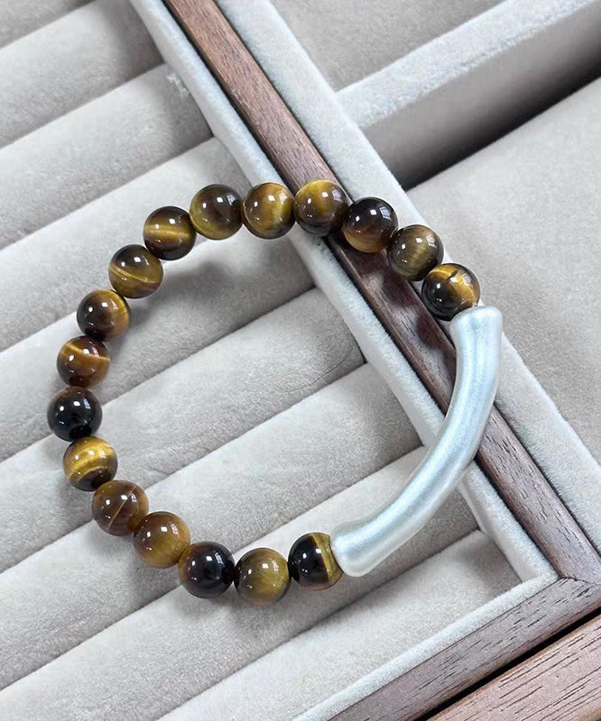 Brown 999 Pure Silver Bend Pipe Patchwork Tiger's Eye Bracelet