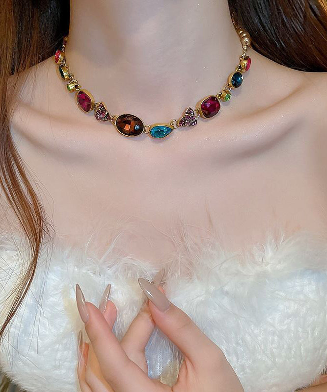 Gold Agate Pearl Zircon Gem Stone Collar Necklace