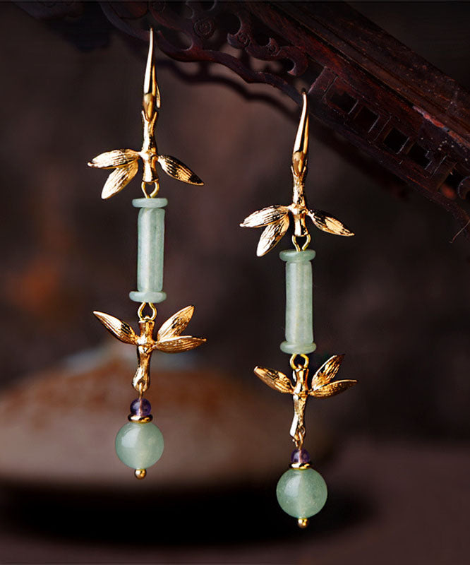 Green Jade Bamboo 14k Gold Tassel Drop Earrings