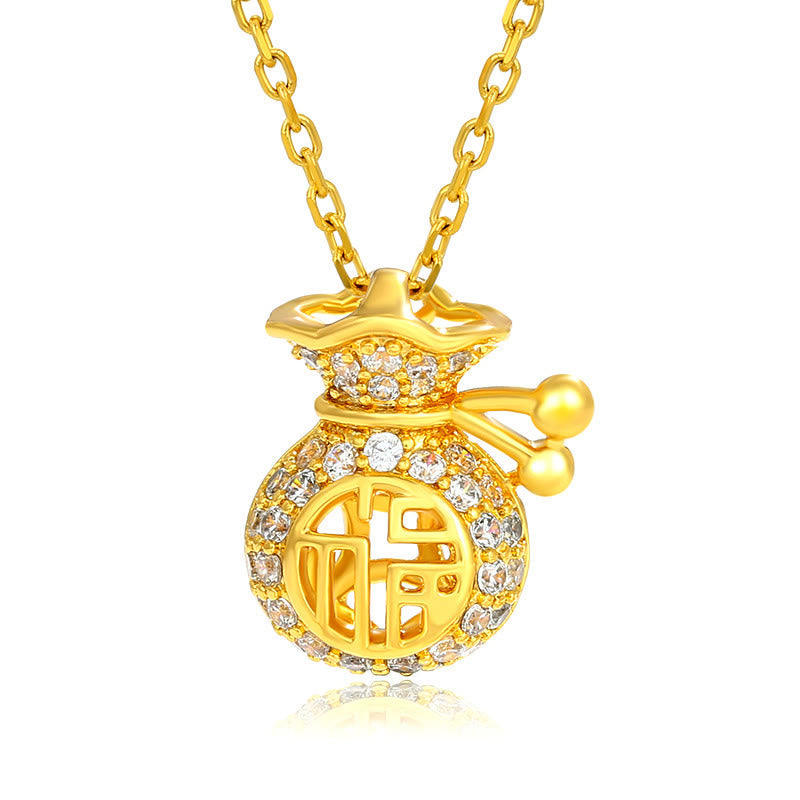 24k Gold Plated Fu Character Fortune Money Bag Necklace