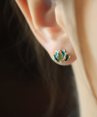 Gradient Color Blue Sterling Silver Jade Enamel Lotus Stud Earrings