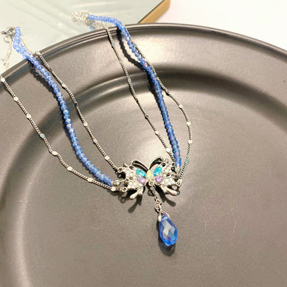 Baby Blue Copper Zircon Crystal Butterfly Water Drop Tassel Pendant Necklace