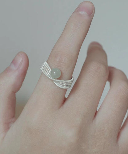 Handmade White Woven Sterling Silver Jade Rings