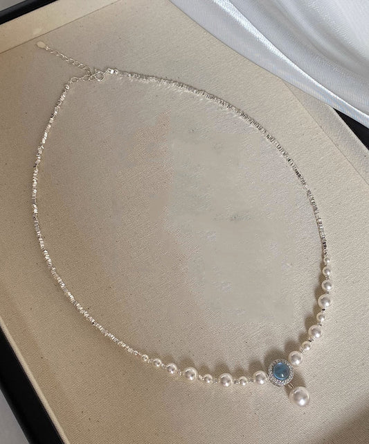 Blue Copper Silver Plating Pearl Broken Silver Gem Stone Pendant Necklace