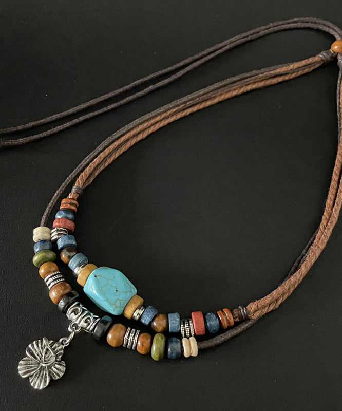 Faux Leather Alloy Turquoise Pendant Necklace