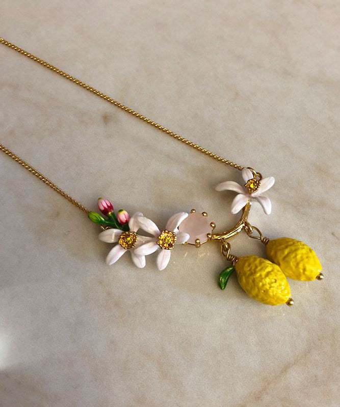 Yellow Sterling Silver Overgild Enamel Gem Stone Pendant Necklace