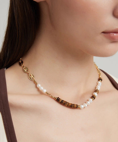 Tiger's Eye With Fine Pearl Gratuated Bead Necklace