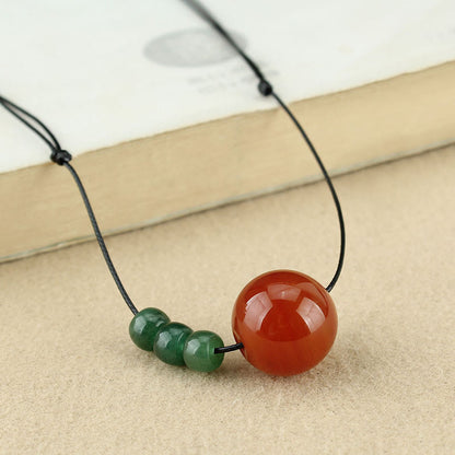 Buddha Stones Red Agate Green Aventurine Green Bodhi Seed Bead Calm Leather Rope Necklace Pendant