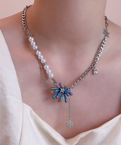 Gradient Color Rainbow Sterling Silver Zircon Fireworks Pearl Tassel Pendant Necklace