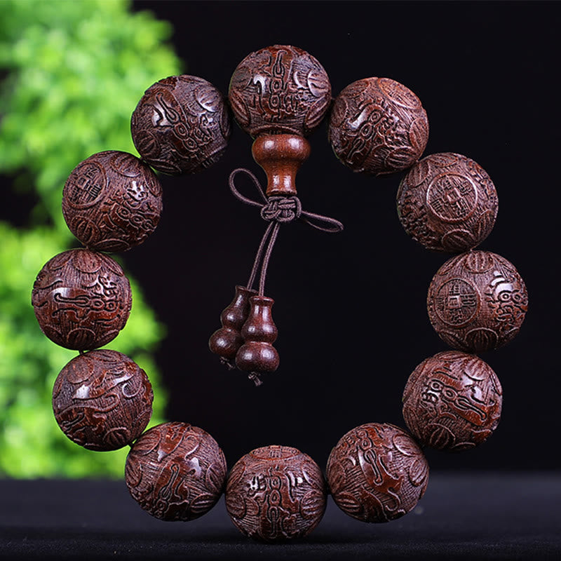 Buddha Stones Chinese Zodiac Rosewood Ebony Copper Coin Pixiu Carved Warmth Bracelet