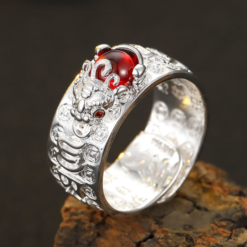 Buddha Stones Fengshui Pixiu Red Garnet Heart Sutra Wealth Ring